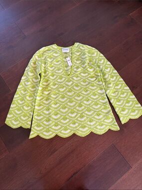 Celandine Neon Lime Knit Eyelet Crochet Scallop Tunic Beach Cover Up size sm/xs